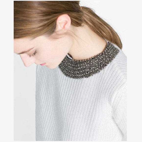 Zara Sweaters - ZARA Off-White Angora Sweater with Beaded Neckline